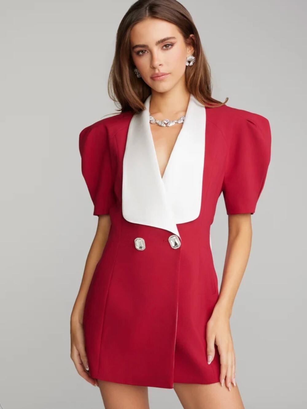 Nana Jacqueline Alia Puff Sleeve Bow Mini Blazer Dress Red White Size Medium